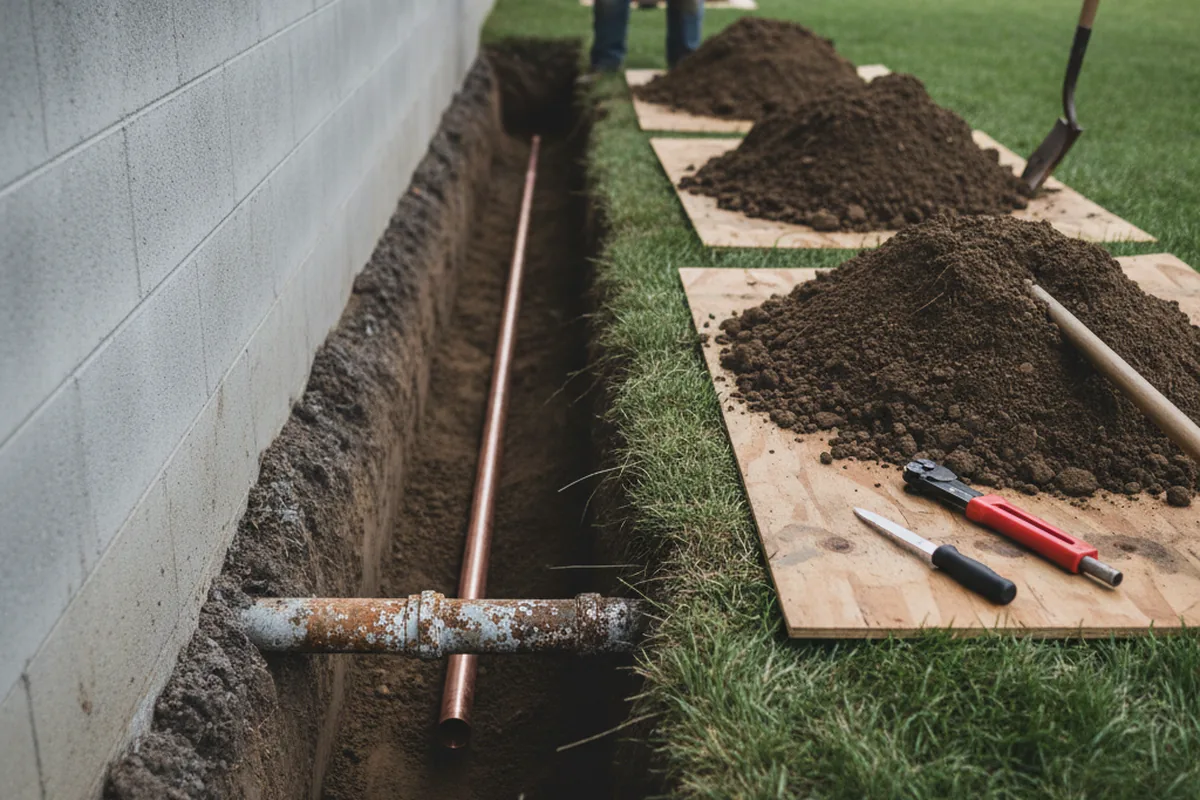 Excavated water line trench during Sewer Line Repair in Langley